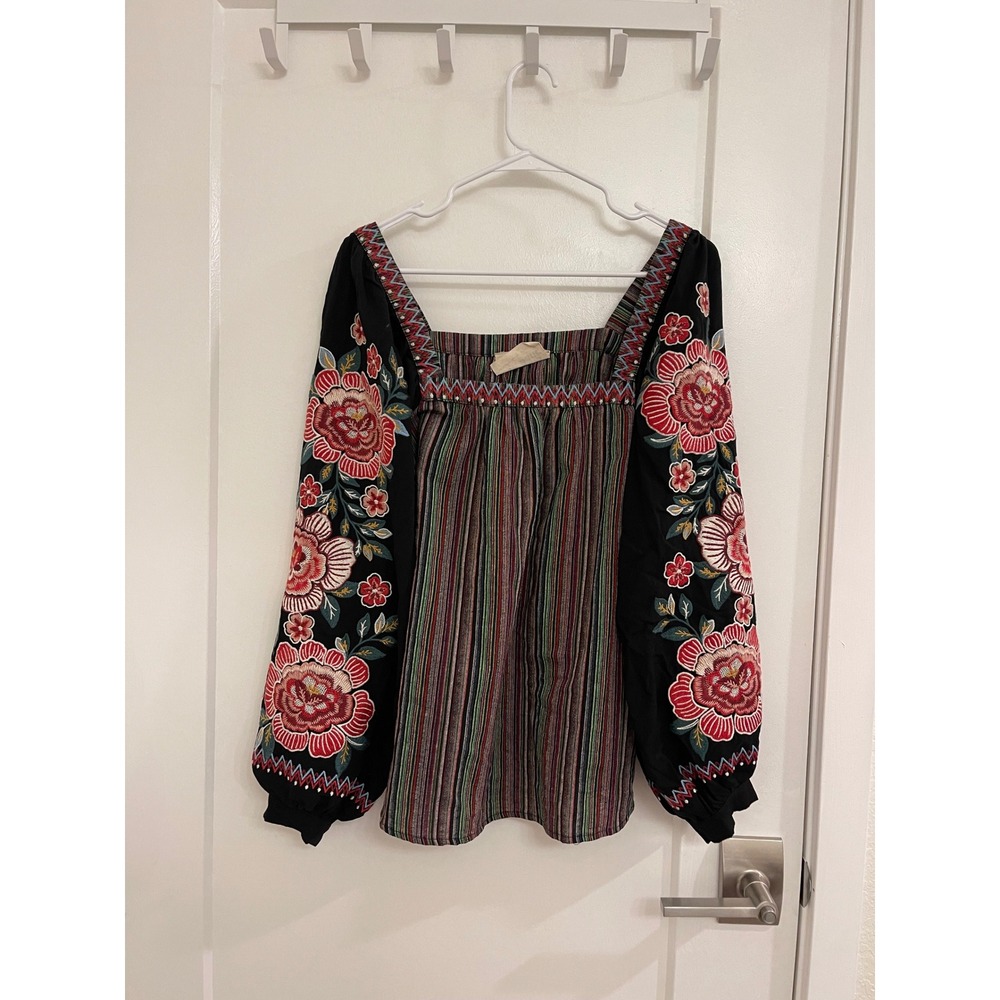 Savanna Jane Embroidered Floral Puff Sleeve Blouse Boho Fall Romantic